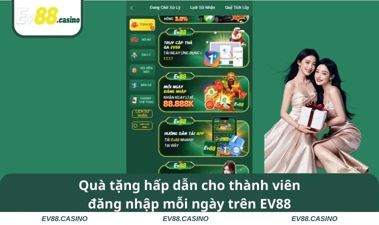 Quà tặng hấp dẫn cho thành viên đăng nhập mỗi ngày trên EV88